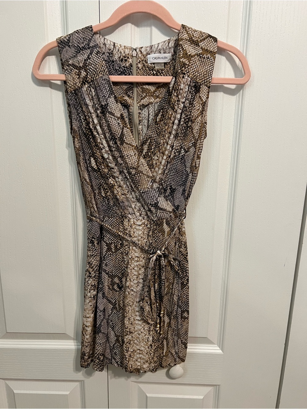 Calvin Klein Sleeveless Snake-Print Wrap Romper in Brown and Beige